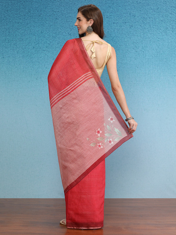 Red Silk Cotton Digital Print Solid Saree with Unstitched Blouse - Hiral Fashion - Distacart