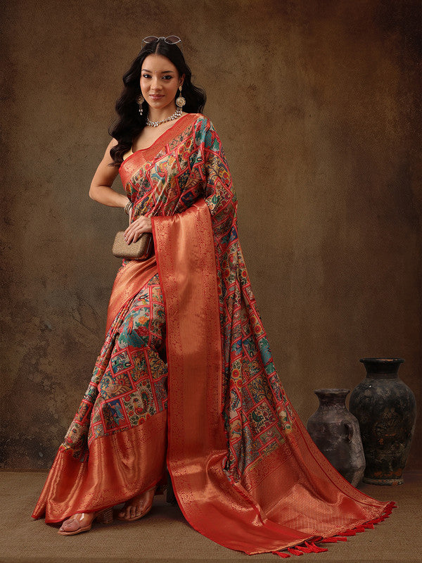 Multicolor Kanjeevaram Silk Digital Print Kalamkari Saree with Unstitched Blouse - Hiral Fashion - Distacart