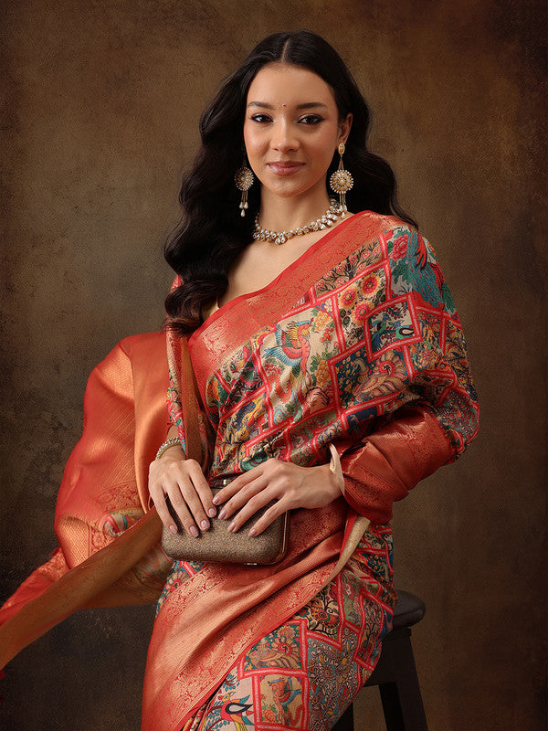 Multicolor Kanjeevaram Silk Digital Print Kalamkari Saree with Unstitched Blouse - Hiral Fashion - Distacart