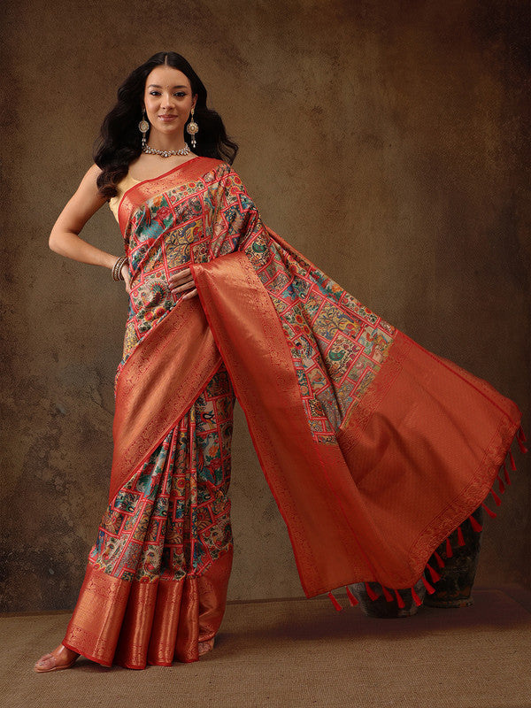 Multicolor Kanjeevaram Silk Digital Print Kalamkari Saree with Unstitched Blouse - Hiral Fashion - Distacart