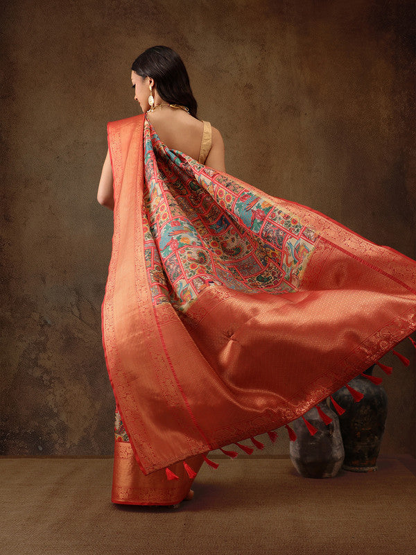 Multicolor Kanjeevaram Silk Digital Print Kalamkari Saree with Unstitched Blouse - Hiral Fashion - Distacart