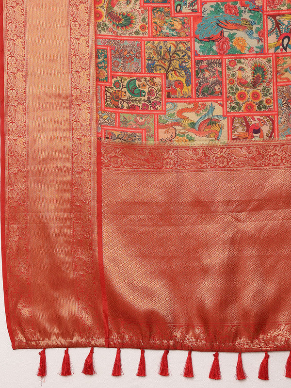 Multicolor Kanjeevaram Silk Digital Print Kalamkari Saree with Unstitched Blouse - Hiral Fashion - Distacart