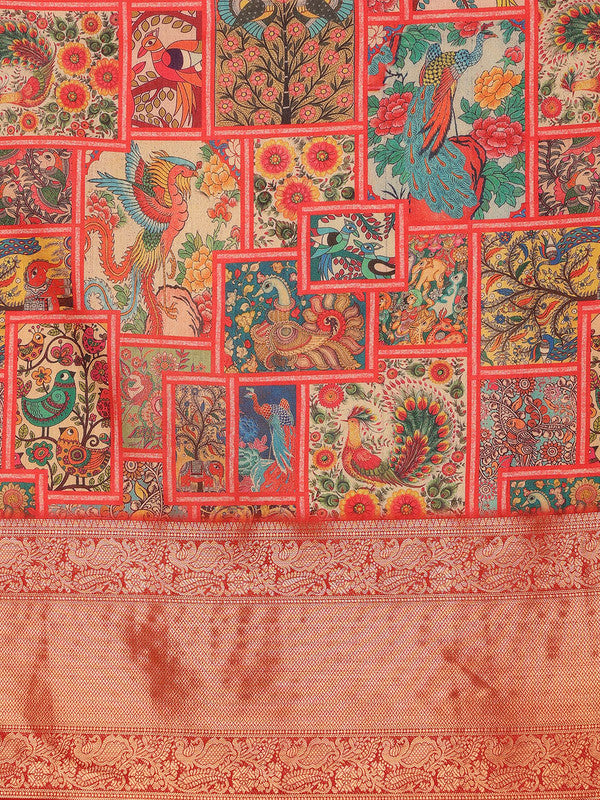 Multicolor Kanjeevaram Silk Digital Print Kalamkari Saree with Unstitched Blouse - Hiral Fashion - Distacart