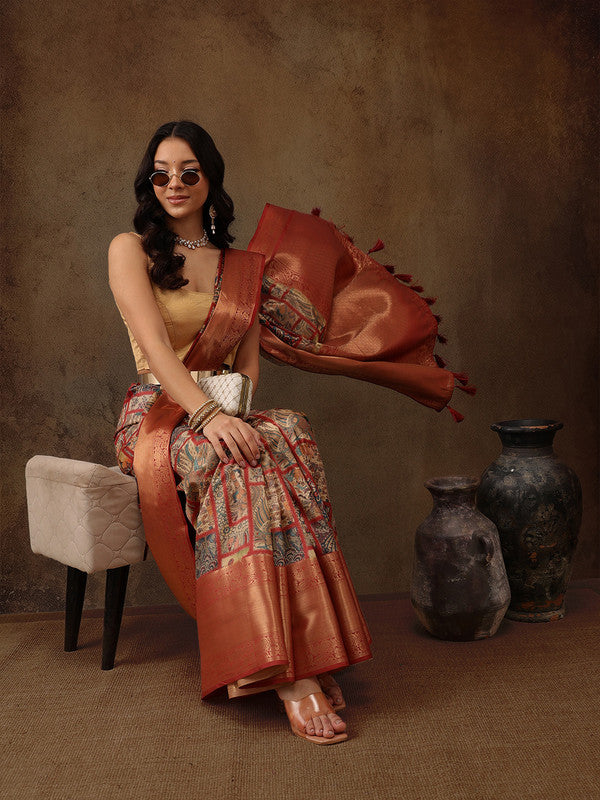 Multicolor Kanjeevaram Silk Digital Print Kalamkari Saree with Unstitched Blouse - Hiral Fashion - Distacart