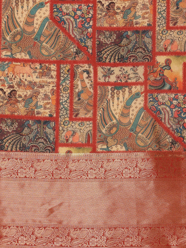 Multicolor Kanjeevaram Silk Digital Print Kalamkari Saree with Unstitched Blouse - Hiral Fashion - Distacart