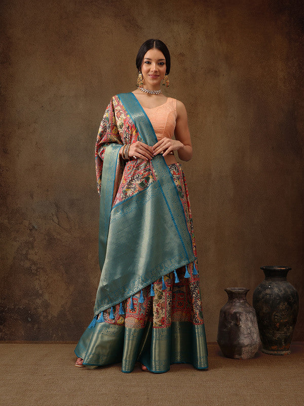 Multicolor Kanjeevaram Silk Digital Print Kalamkari Saree with Unstitched Blouse - Hiral Fashion - Distacart