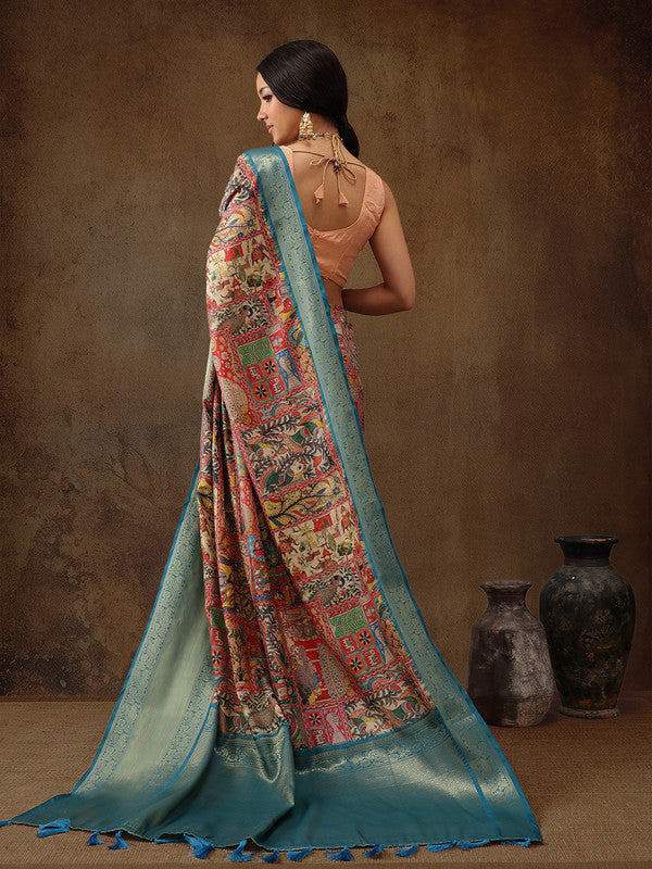 Multicolor Kanjeevaram Silk Digital Print Kalamkari Saree with Unstitched Blouse - Hiral Fashion - Distacart