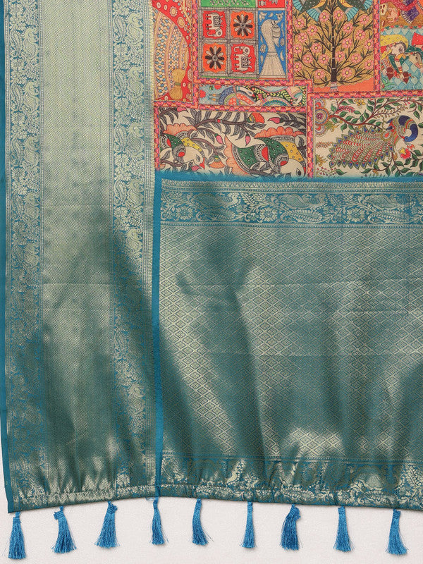 Multicolor Kanjeevaram Silk Digital Print Kalamkari Saree with Unstitched Blouse - Hiral Fashion - Distacart