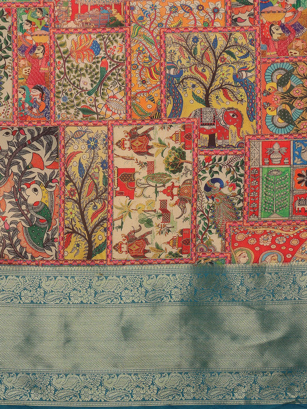 Multicolor Kanjeevaram Silk Digital Print Kalamkari Saree with Unstitched Blouse - Hiral Fashion - Distacart