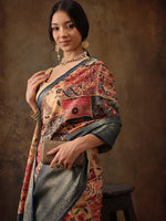 Thumbnail for Multicolor Kanjeevaram Silk Digital Print Kalamkari Saree with Unstitched Blouse - Hiral Fashion - Distacart