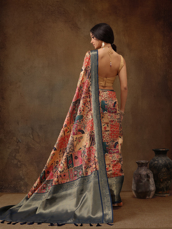Multicolor Kanjeevaram Silk Digital Print Kalamkari Saree with Unstitched Blouse - Hiral Fashion - Distacart