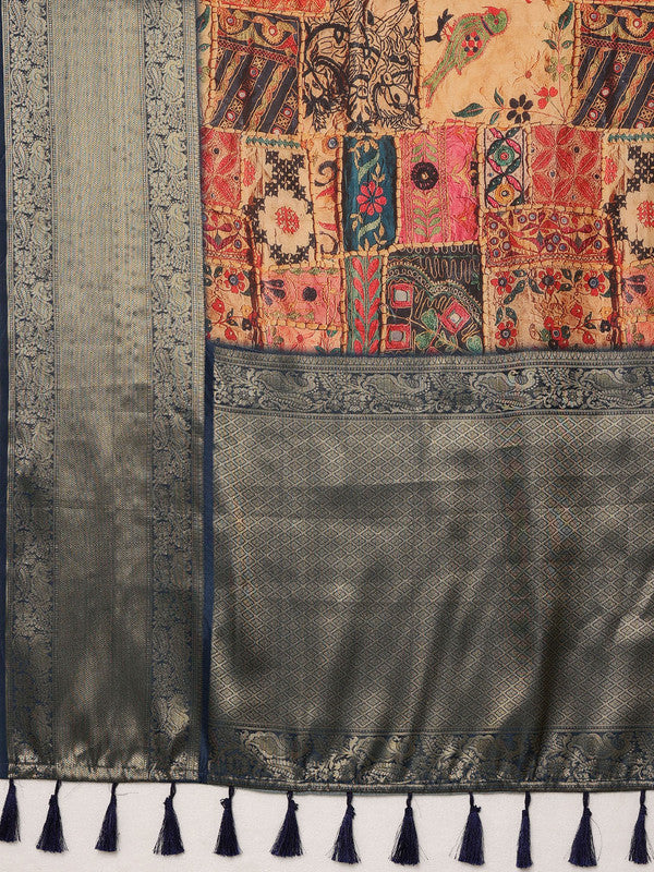 Multicolor Kanjeevaram Silk Digital Print Kalamkari Saree with Unstitched Blouse - Hiral Fashion - Distacart