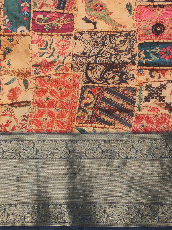 Multicolor Kanjeevaram Silk Digital Print Kalamkari Saree with Unstitched Blouse - Hiral Fashion - Distacart