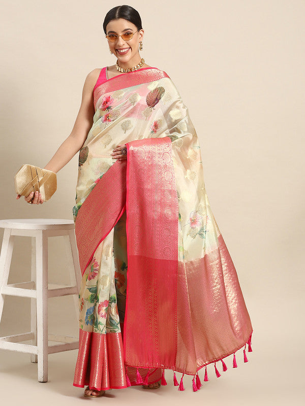 Beige Chanderi Art Silk Printed Floral Saree with Unstitched Blouse - Hiral Fashion - Distacart