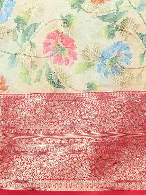 Beige Chanderi Art Silk Printed Floral Saree with Unstitched Blouse - Hiral Fashion - Distacart