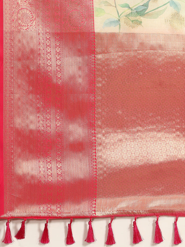 Beige Chanderi Art Silk Printed Floral Saree with Unstitched Blouse - Hiral Fashion - Distacart