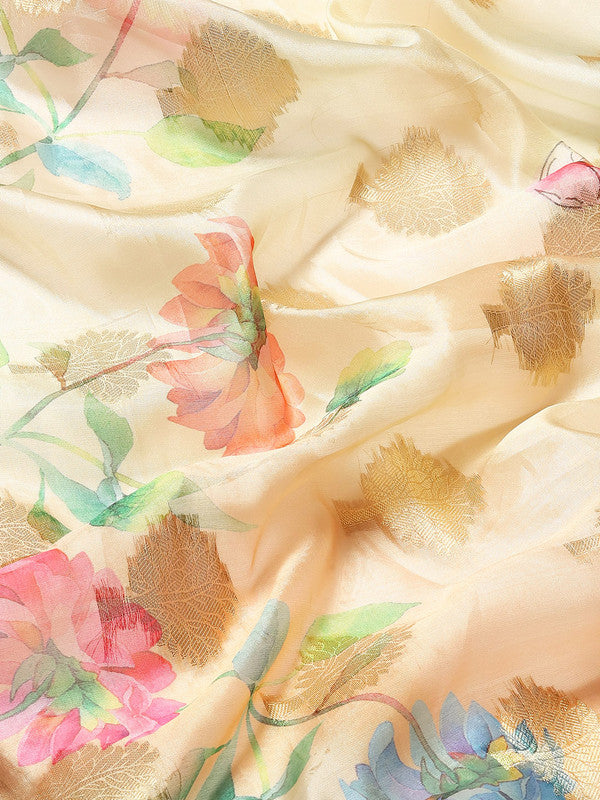 Beige Chanderi Art Silk Printed Floral Saree with Unstitched Blouse - Hiral Fashion - Distacart
