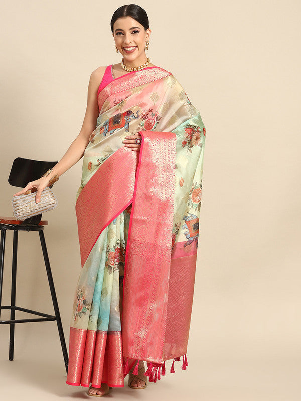 Green Chanderi Art Silk Printed Floral Saree with Unstitched Blouse - Hiral Fashion - Distacart