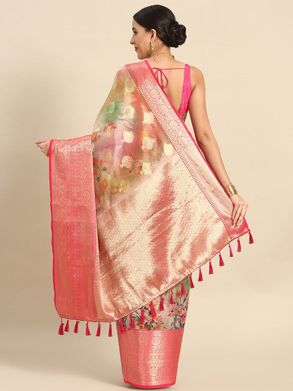 Multicolor Chanderi Art Silk Printed Floral Saree with Unstitched Blouse - Hiral Fashion - Distacart