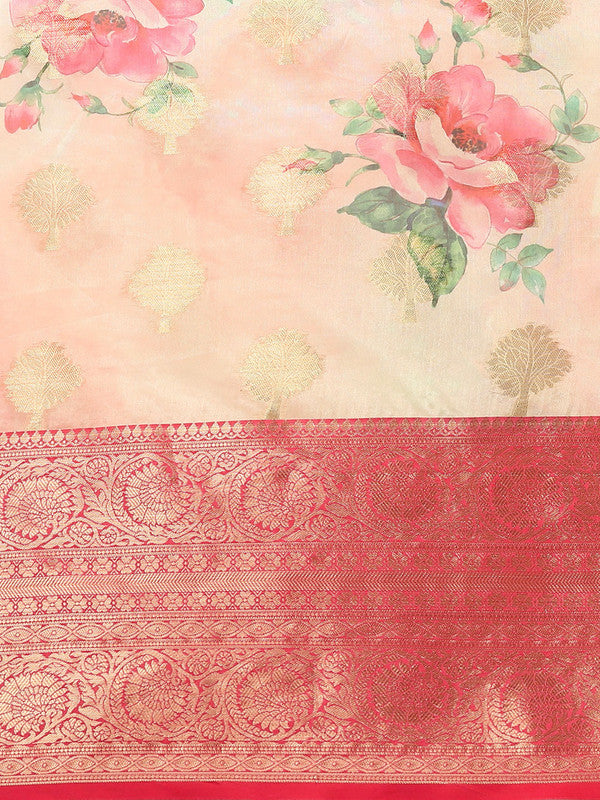 Pink Chanderi Art Silk Printed Floral Saree with Unstitched Blouse - Hiral Fashion - Distacart