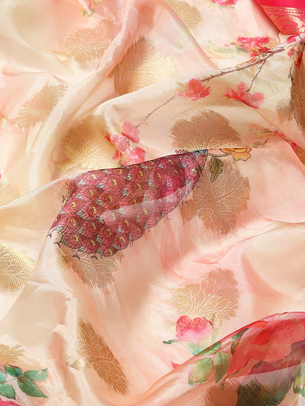 Pink Chanderi Art Silk Printed Floral Saree with Unstitched Blouse - Hiral Fashion - Distacart