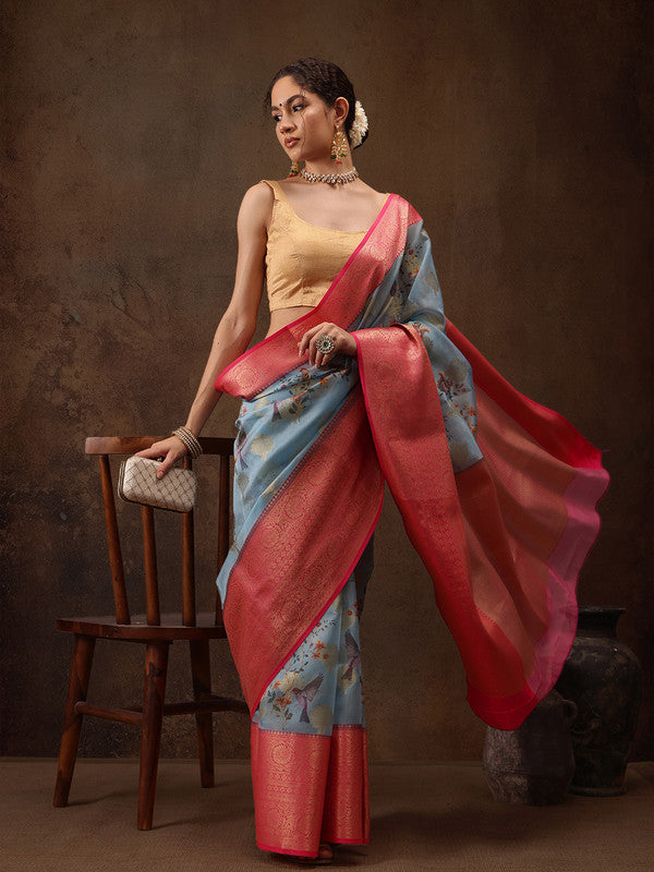 Blue Chanderi Art Silk Digital Print Floral Saree with Unstitched Blouse - Hiral Fashion - Distacart