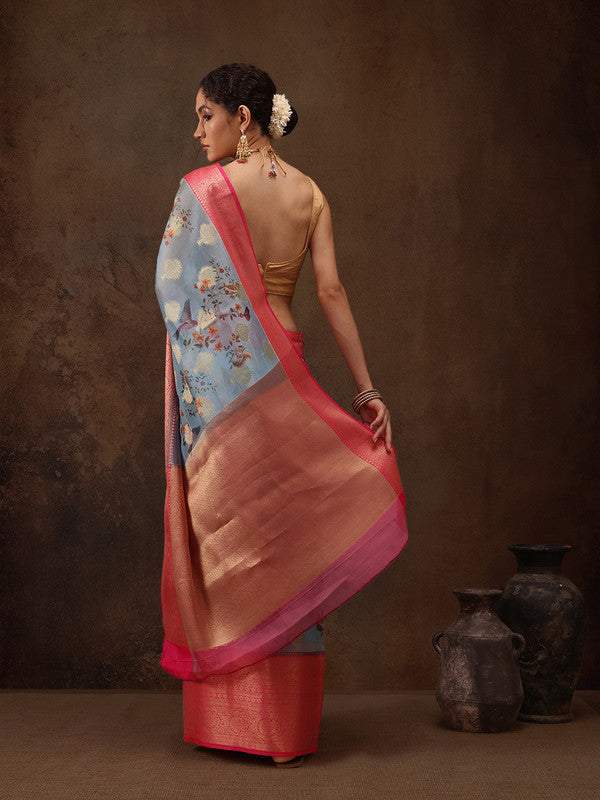 Blue Chanderi Art Silk Digital Print Floral Saree with Unstitched Blouse - Hiral Fashion - Distacart