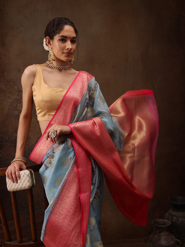 Blue Chanderi Art Silk Digital Print Floral Saree with Unstitched Blouse - Hiral Fashion - Distacart