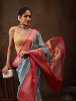 Thumbnail for Blue Chanderi Art Silk Digital Print Floral Saree with Unstitched Blouse - Hiral Fashion - Distacart