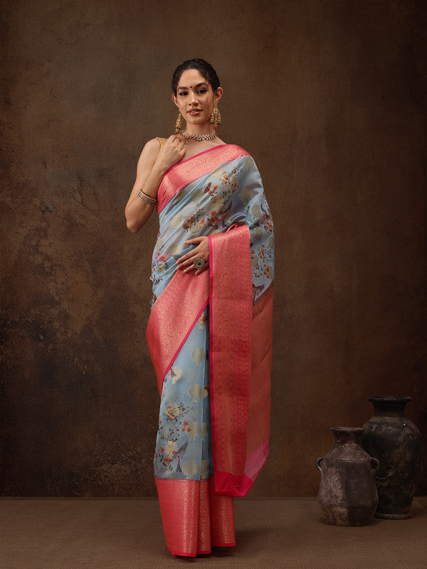 Blue Chanderi Art Silk Digital Print Floral Saree with Unstitched Blouse - Hiral Fashion - Distacart