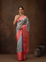 Thumbnail for Blue Chanderi Art Silk Digital Print Floral Saree with Unstitched Blouse - Hiral Fashion - Distacart