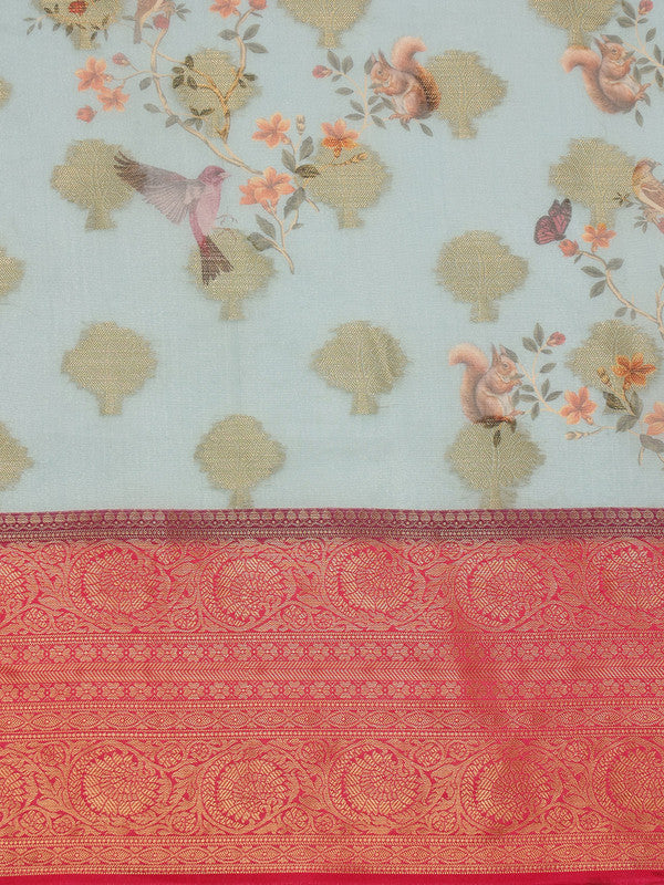 Blue Chanderi Art Silk Digital Print Floral Saree with Unstitched Blouse - Hiral Fashion - Distacart