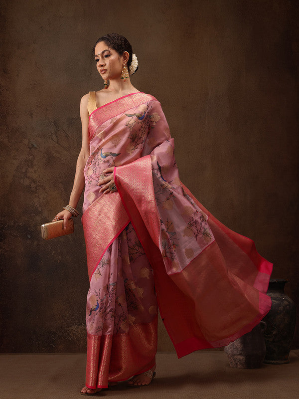 Light Pink Chanderi Art Silk Digital Print Floral Saree with Unstitched Blouse - Hiral Fashion - Distacart