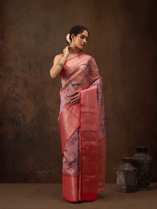 Light Pink Chanderi Art Silk Digital Print Floral Saree with Unstitched Blouse - Hiral Fashion - Distacart