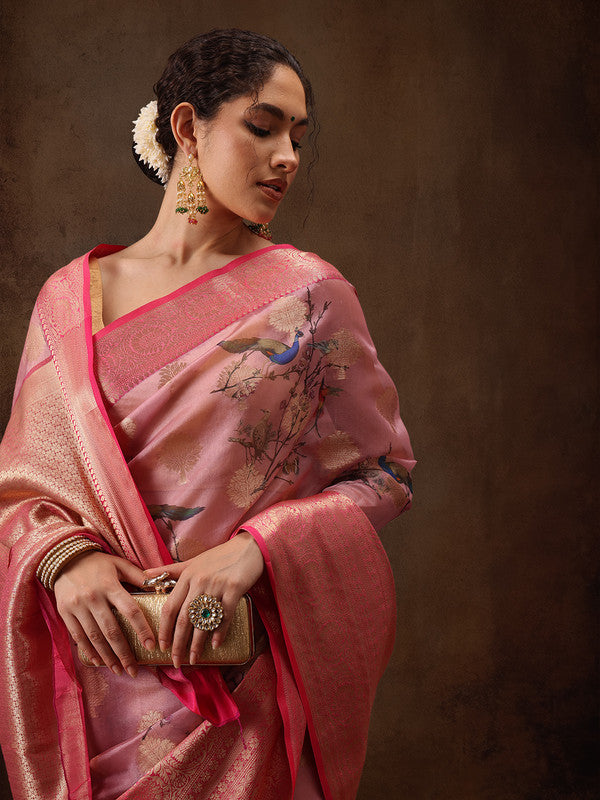 Light Pink Chanderi Art Silk Digital Print Floral Saree with Unstitched Blouse - Hiral Fashion - Distacart