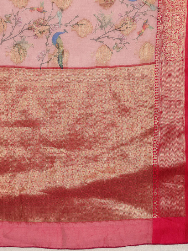 Light Pink Chanderi Art Silk Digital Print Floral Saree with Unstitched Blouse - Hiral Fashion - Distacart