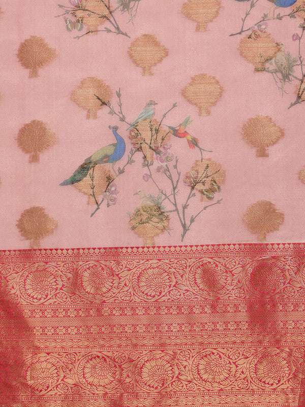 Light Pink Chanderi Art Silk Digital Print Floral Saree with Unstitched Blouse - Hiral Fashion - Distacart