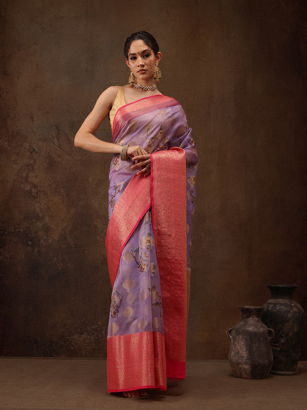 Lavender Chanderi Art Silk Digital Print Floral Saree with Unstitched Blouse - Hiral Fashion - Distacart