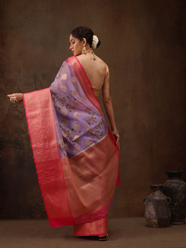 Lavender Chanderi Art Silk Digital Print Floral Saree with Unstitched Blouse - Hiral Fashion - Distacart