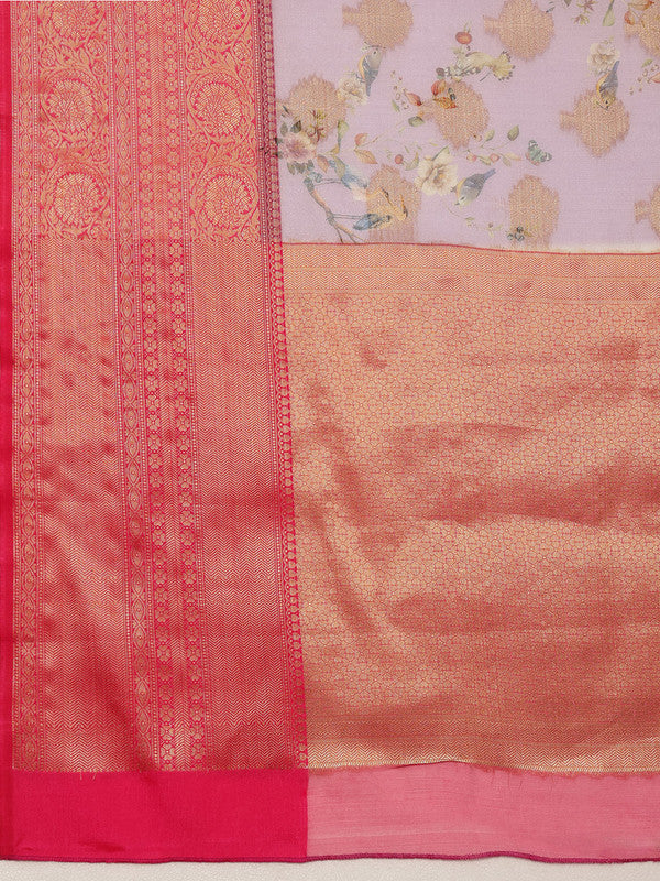 Lavender Chanderi Art Silk Digital Print Floral Saree with Unstitched Blouse - Hiral Fashion - Distacart
