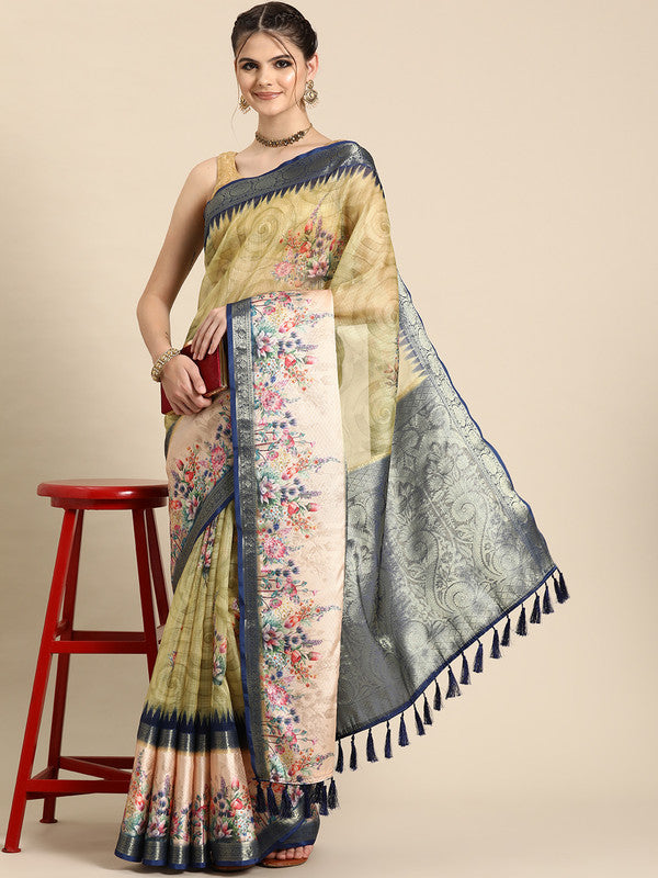 Olive Kanjeevaram Silk Digital Print Floral Saree with Unstitched Blouse - Hiral Fashion - Distacart