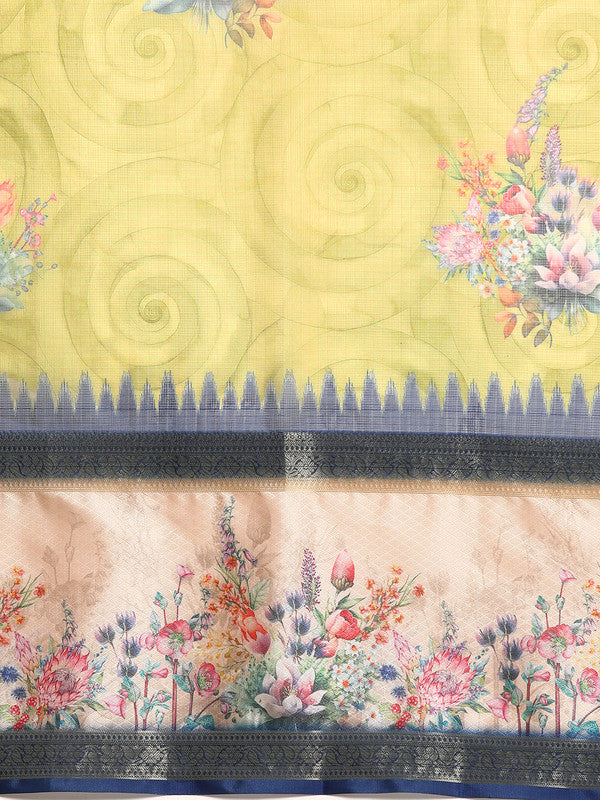 Olive Kanjeevaram Silk Digital Print Floral Saree with Unstitched Blouse - Hiral Fashion - Distacart