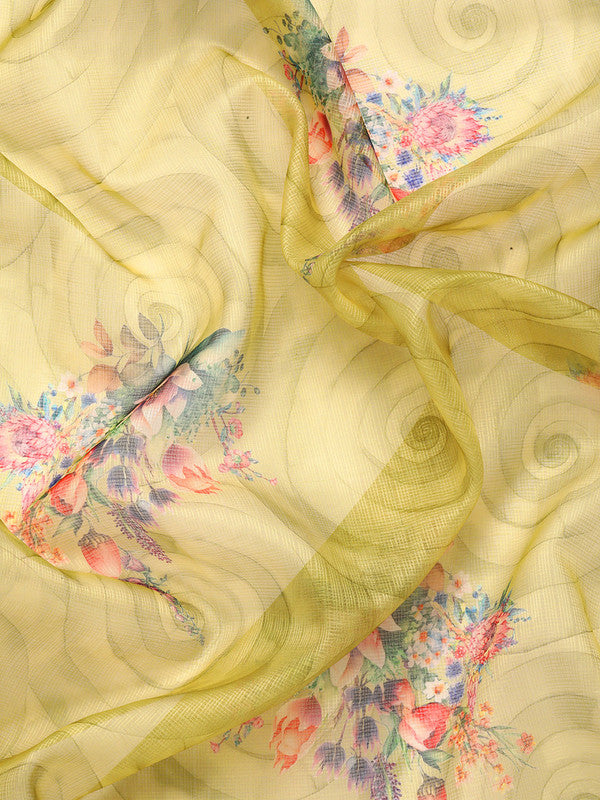 Olive Kanjeevaram Silk Digital Print Floral Saree with Unstitched Blouse - Hiral Fashion - Distacart