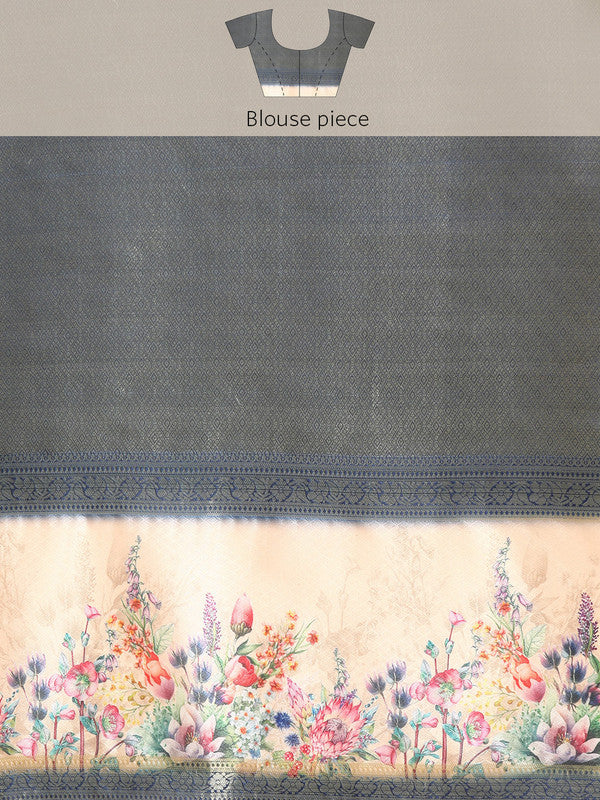 Olive Kanjeevaram Silk Digital Print Floral Saree with Unstitched Blouse - Hiral Fashion - Distacart