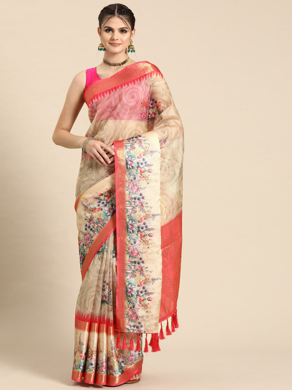 Peach Kanjeevaram Silk Digital Print Floral Saree with Unstitched Blouse - Hiral Fashion - Distacart