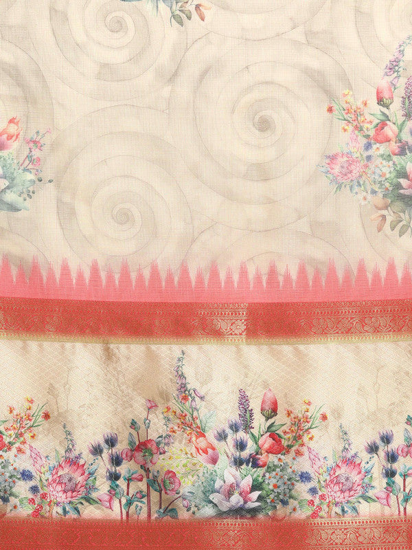 Peach Kanjeevaram Silk Digital Print Floral Saree with Unstitched Blouse - Hiral Fashion - Distacart