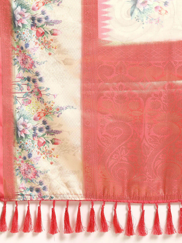 Peach Kanjeevaram Silk Digital Print Floral Saree with Unstitched Blouse - Hiral Fashion - Distacart