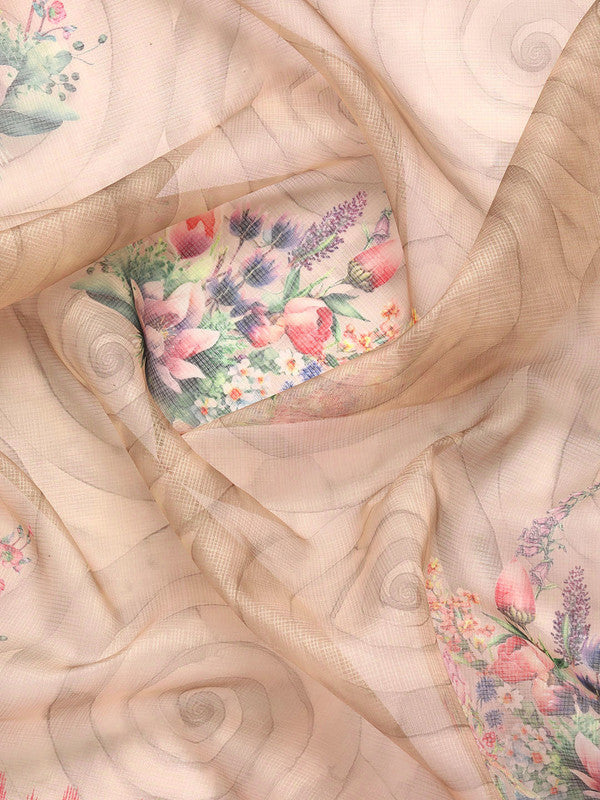 Peach Kanjeevaram Silk Digital Print Floral Saree with Unstitched Blouse - Hiral Fashion - Distacart