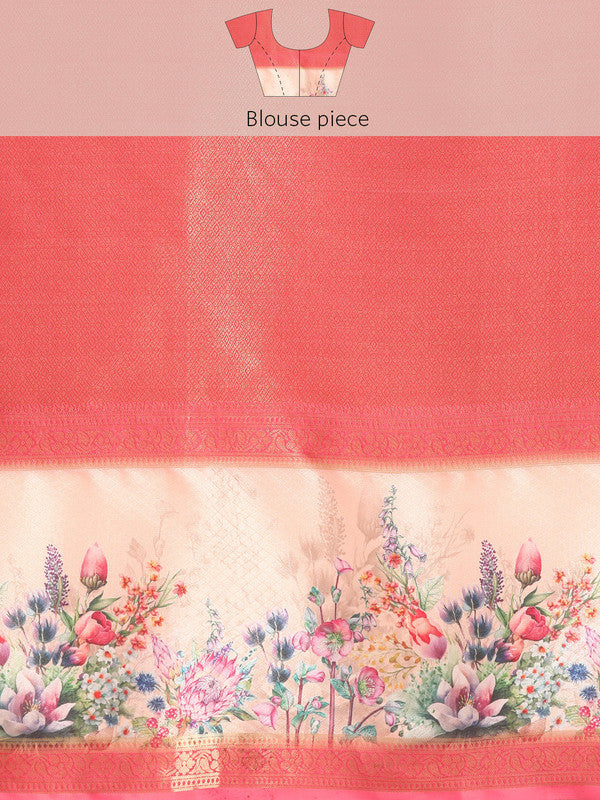 Peach Kanjeevaram Silk Digital Print Floral Saree with Unstitched Blouse - Hiral Fashion - Distacart
