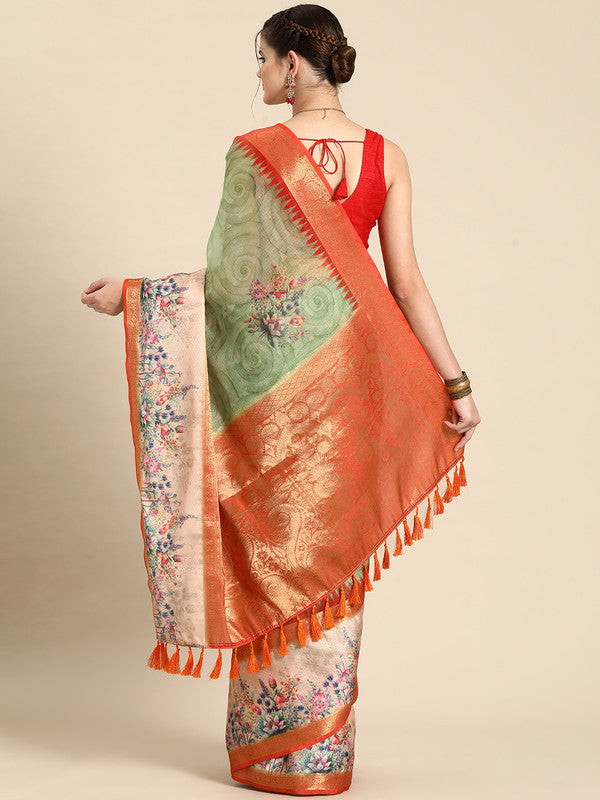 Green Kanjeevaram Silk Digital Print Floral Saree with Unstitched Blouse - Hiral Fashion - Distacart